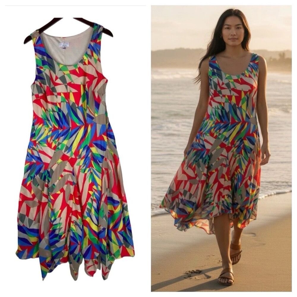Women 6 Retro 60s Mod Geo Print Midi Dress Hippie Rainbow Asymmetrical Tropical